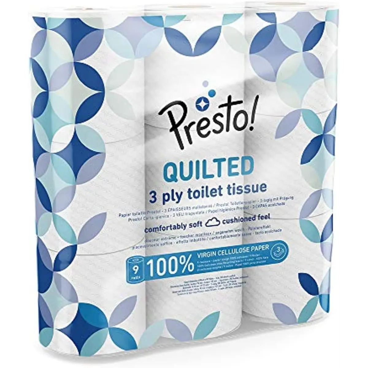 Presto! 3-Ply Quilted Toilet Tissues, Unscented, 9 Rolls