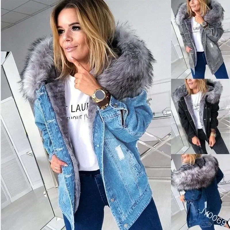 2025Women Fashion Long Sleeve Denim Jacket Collar Hooded Coat Autumn Winter Warm Thicken Lining Denim Coat Outerwear
