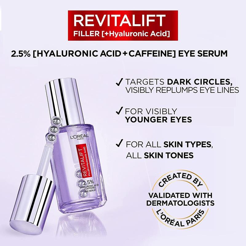 L'Oréal Paris 2.5% Hyaluronic Acid and Caffeine Eye Serum, Revitalift Filler, Replumps, Brightens And De-Puffs Eyes – 20ml Gentle Skin Care Comfort 2
