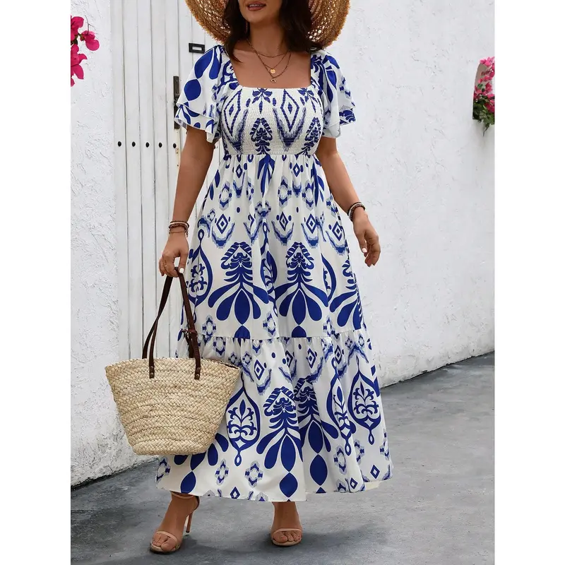 Holidaya Plus Size Women Boho Summer Vacation Style Floral Print Square Collar Ruffle Short Sleeve Long Dress Women Outfit Casual Fabric Womenswear Comfort Bohemian Fitted Chic Feminine Multicolor Shortsleeve 4