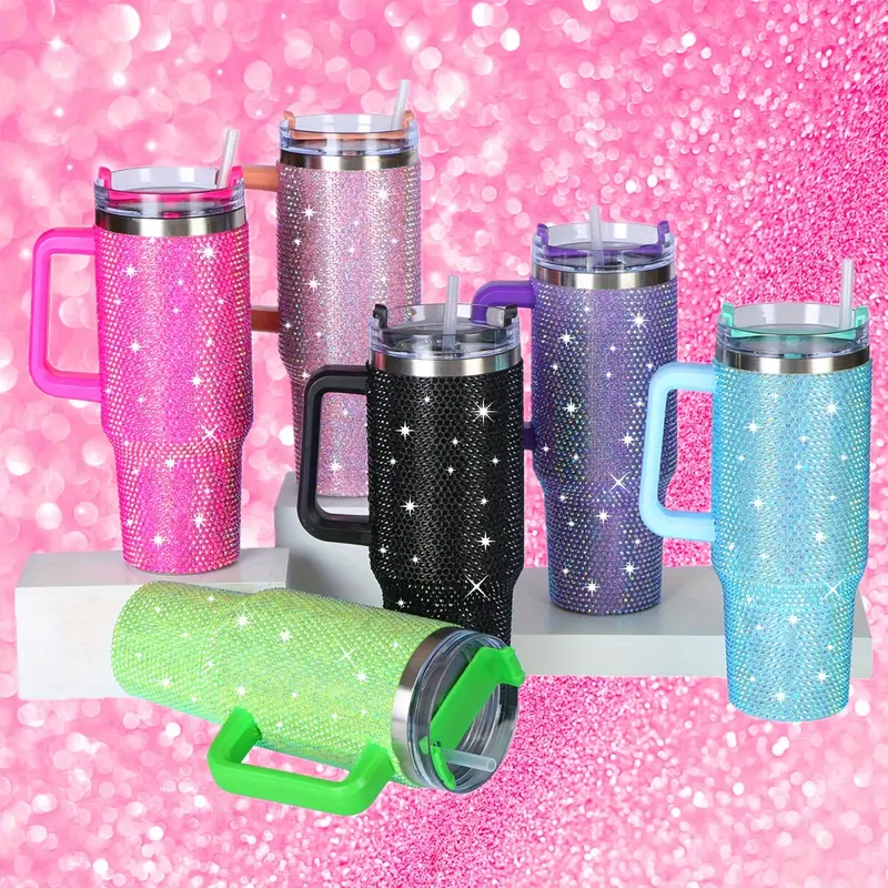 1pc 40 Oz Tumbler With Handle And Straw Lid, Studded Bling Diamond Tumbler, Stainless Steel Insulated Water Cup, Double Wall Travel Mug Fix For Car Cup Holder For Women 0