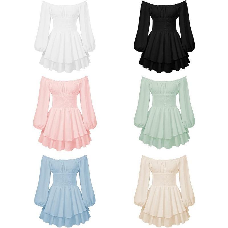 Women Puff Sleeve Ruffle Romper Dress Off Shoulder Long Sleeve Flowy Layered Fairy Pirate Short Jumpsuit Playsuits 5