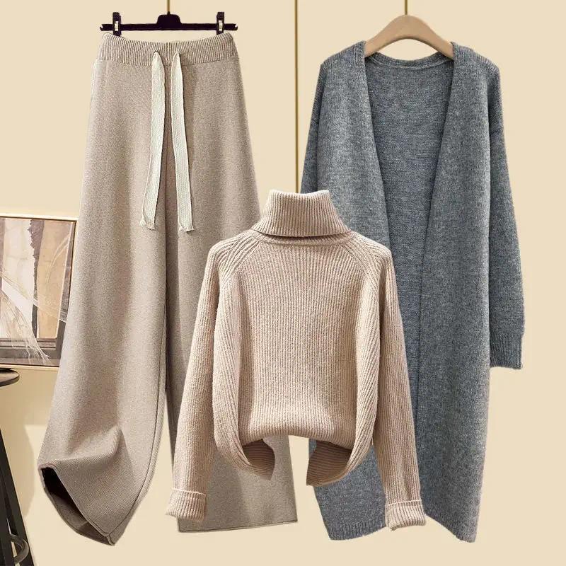 Product Introduction of [2025] plus size women's winter cardigan jacket polo/turtle neck sweater bell bottoms three-piece set new style long length 15
