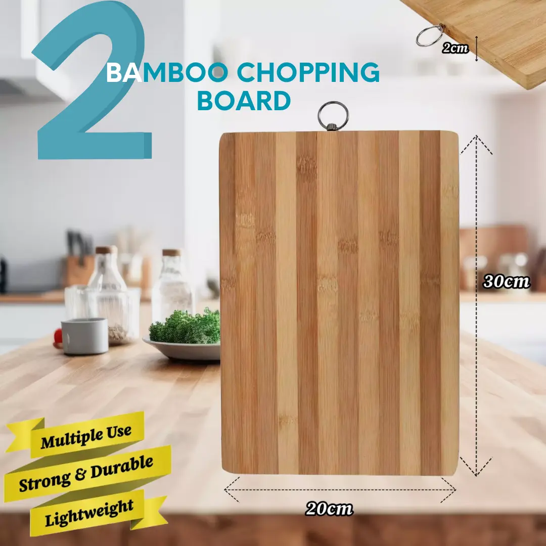 2 Bamboo Wood Chopping Board 30 x 20cm - Non-Slip Surface, Lightweight and Easy to Handle   Kitchen Knives Sturdy Wooden