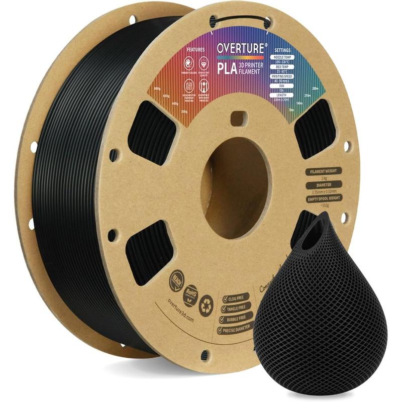 PLA Filament 1.75mm PLA 3D Printer Filament, 1kg Cardboard Spool (2.2lbs), Dimensional Accuracy +/- 0.02mm, Fit Most FDM Printer(Black) 0