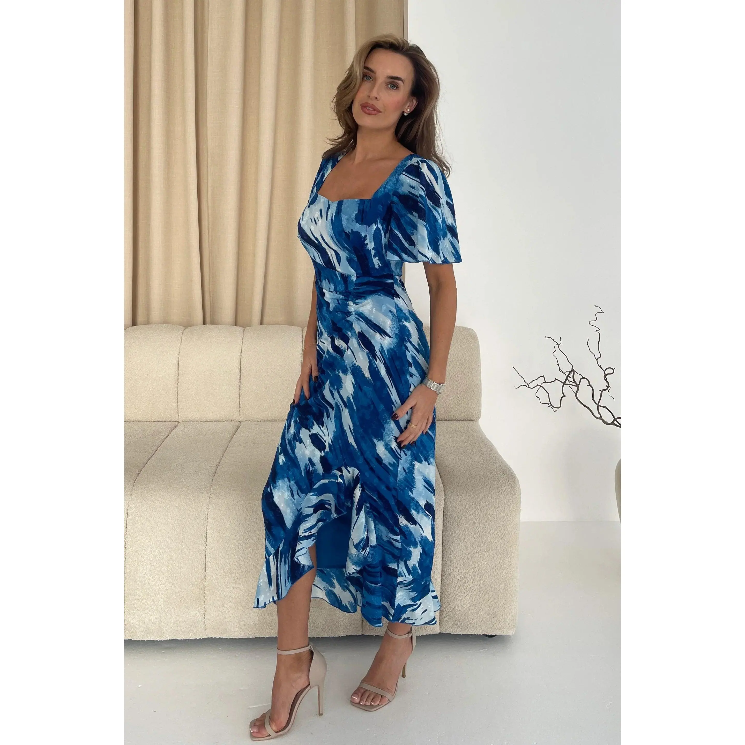 Heidi Blue Abstract Burnout Ruched Short Sleeve Midi Dress