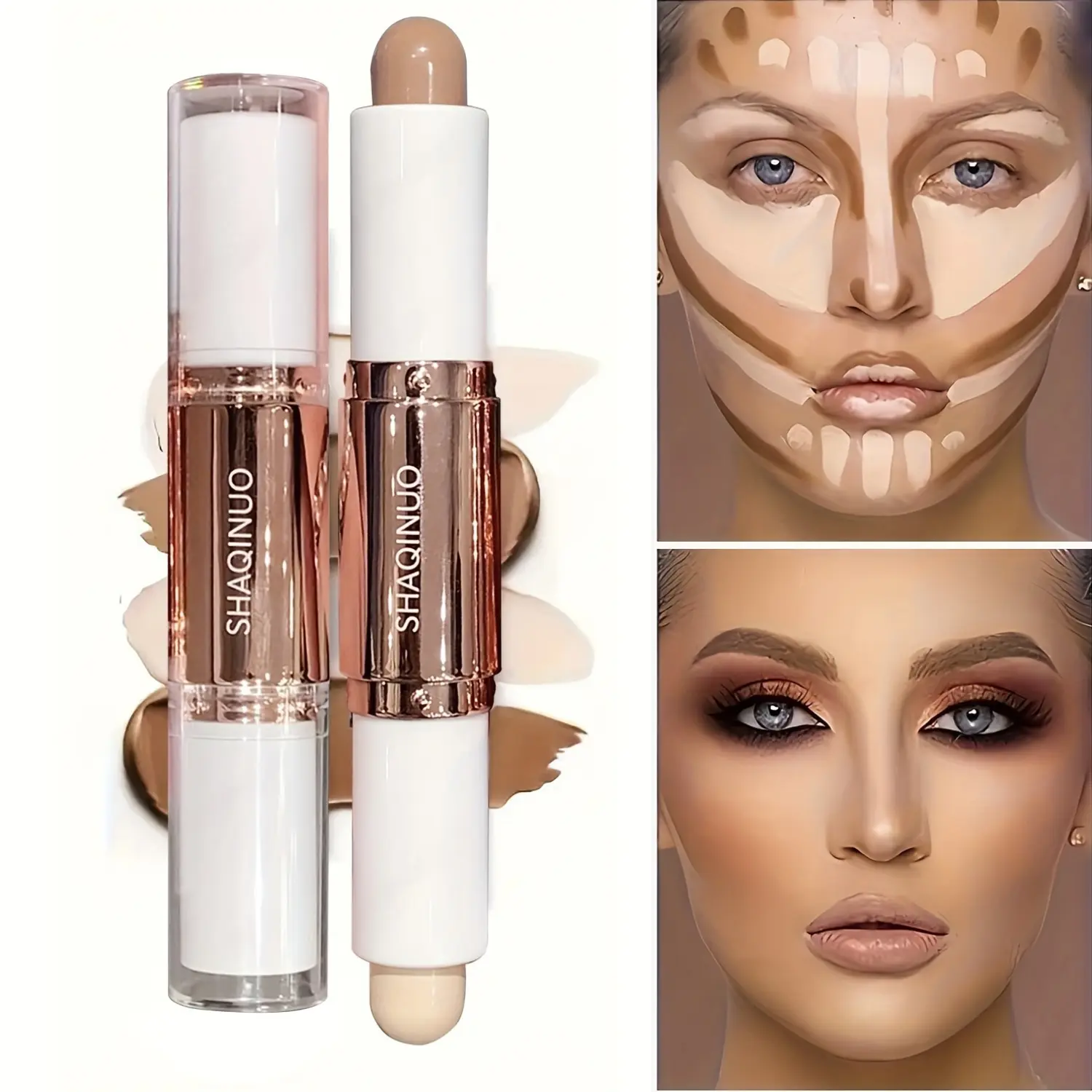 Dual-Ended Highlighter And Contour Stick for Defined Facial Contours, Natural And Long-Lasting Wear That Resists Fading, Brightens Skin Tone, Waterproof And Sweatproof, Creates a Three-Dimensional Look for Photos, Versatile Face Makeup,
