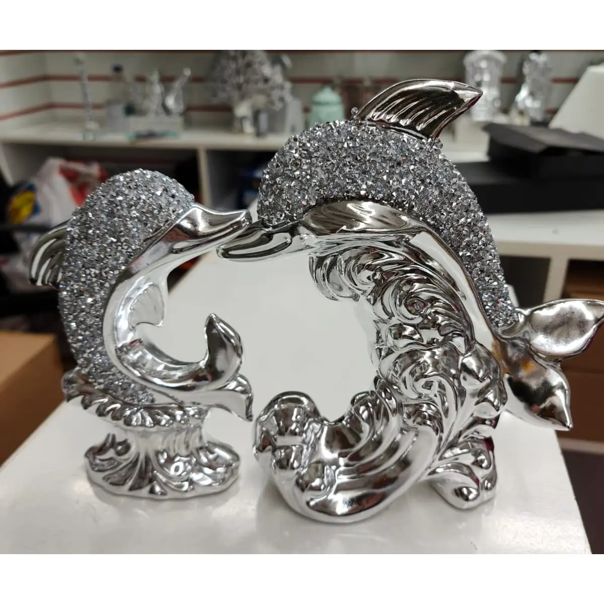 Biznest Set Of 2 Dolphin Bling Crushed Diamond Silver Aquaman Ceramic Sparkly Shelf Sitter Ornament Decor Decoration