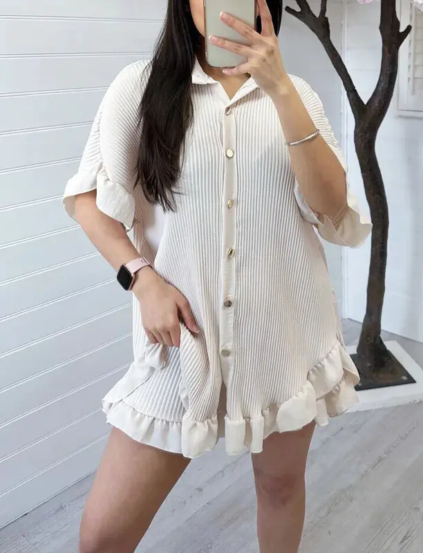 Women's Gold Buttons Pleated Shirt Short CO-ORD Set 3