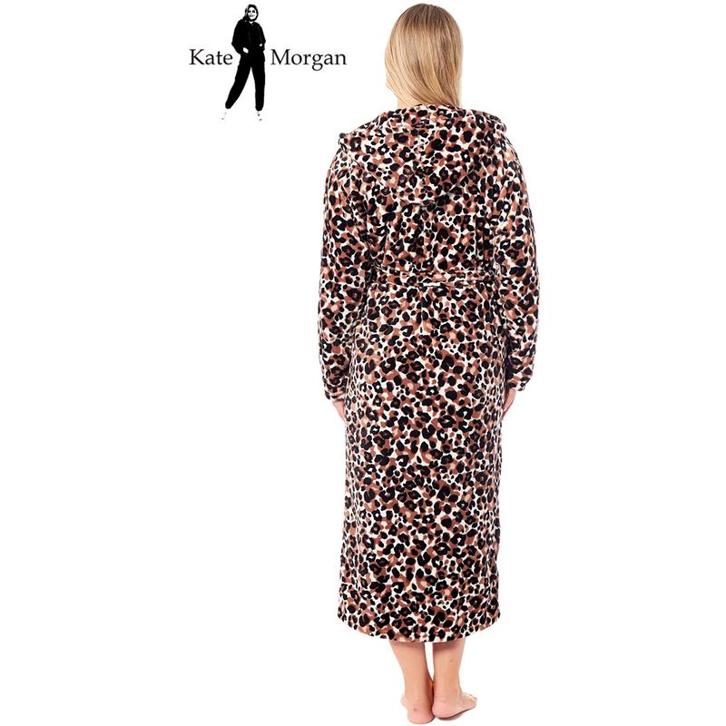 KATE MORGAN Womens Hooded Dressing Gown Loungewear Fleece Robe Leopard Ideal Ladies Gifts UK sizes 8-10 12-14 16-18 20-22 3