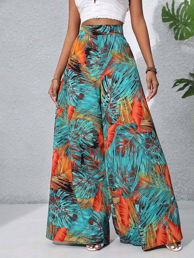 Product Introduction of Women'S Bohemian Floral Print Chiffon Wide-Leg Pants - High Waist, Elastic Waistband, Long Beach Trousers for Summer Vacation, Casual Elegant Style 5