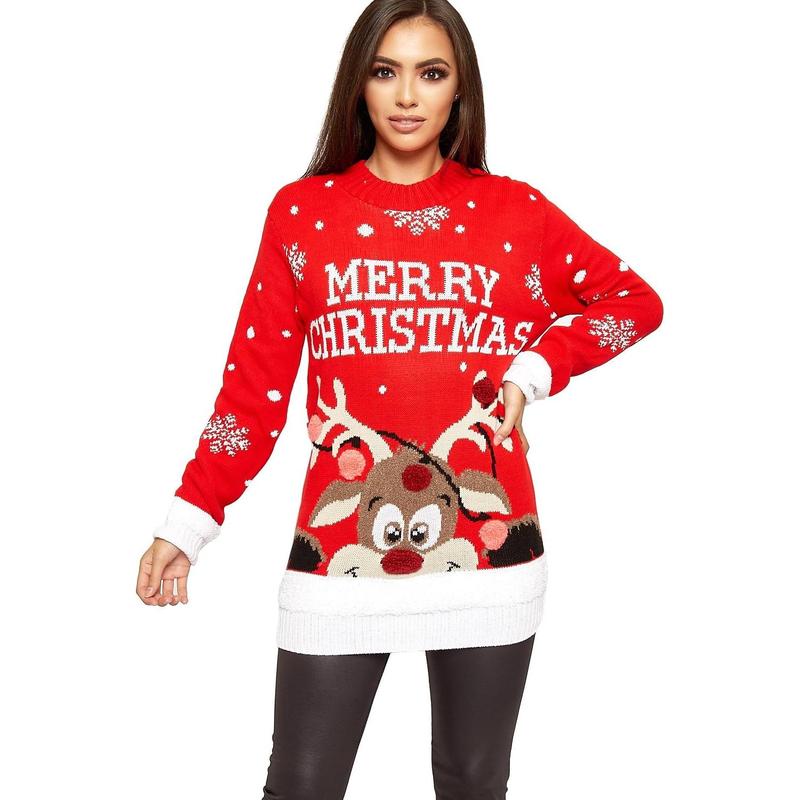 Womens Merry Christmas Print Long Sleeve Reindeer Pom Pom Jumper Sweatshirt Girls Xmas Party Wear Knitted Warm Pullover Novelty Sweater Top Knitwear 3