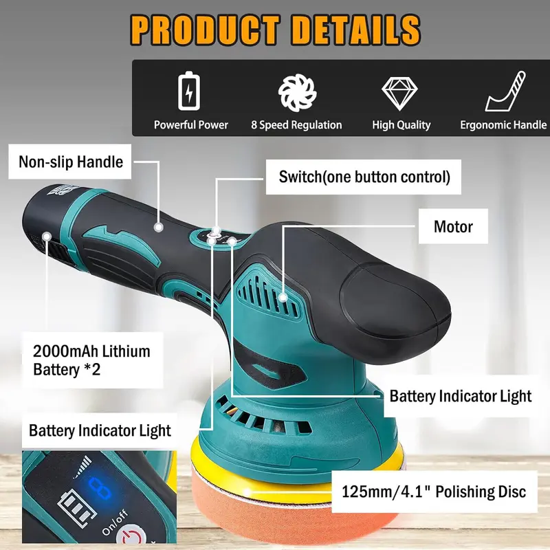 5'' Cordless Rotary Car Polisher Buffer Sander Machine For Makita 2 Batteries 3