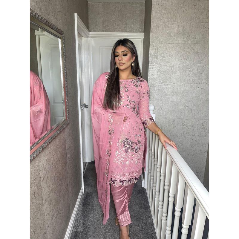 PINK Embroidered Shalwar Kameez with Chiffon duppatta fully stitched 3 piece suit with Net Dupatta MOB-HT26 0