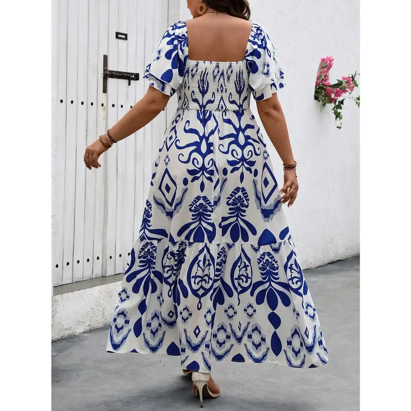 Holidaya Plus Size Women Boho Summer Vacation Style Floral Print Square Collar Ruffle Short Sleeve Long Dress Women Outfit Casual Fabric Womenswear Comfort Bohemian Fitted Chic Feminine Multicolor Shortsleeve 1