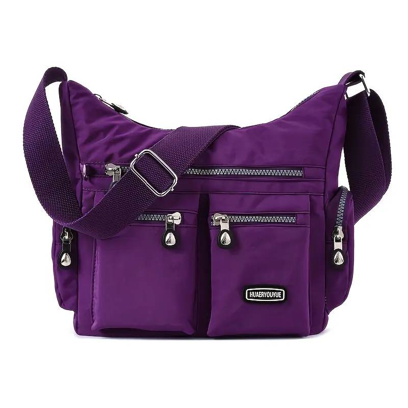Purple Water-Resistant Crossbody Bag - Lightweight Nylon, Adjustable Strap, Zippered Pockets, Casual Shoulder Bag with Mesh Side Pocket
