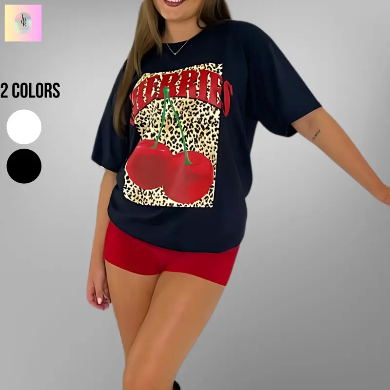 Women's CHERRIES Leopard Print Baggy T-Shirt Top for Women - Ladies Short Sleeve cherry tshirt 4
