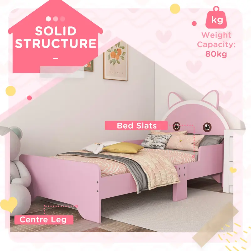 ZONEKIZ Toddler Bed Frame, Kids Bed Cat Design Princess Bed Bedroom Furniture with Guardrails, for 3-6 Years Old, 143L x 74W x 72Hcm - Pink 5