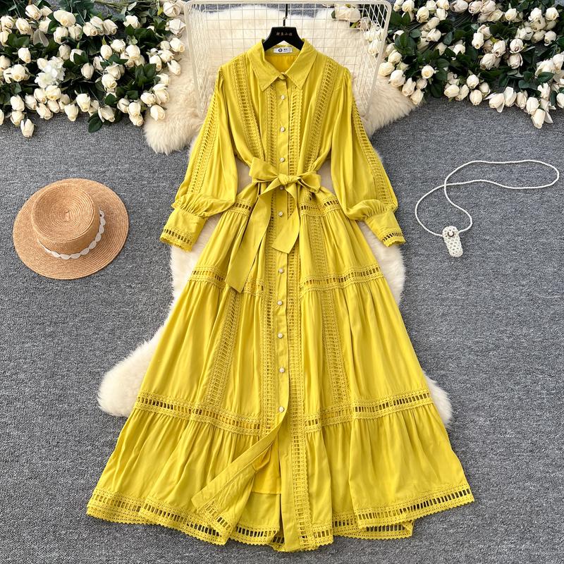 Boutique Wholesale 2024 Autumn New Fashionable Retro Hollow Lace Splicing Waist Slimming Single Breasted Women's Dress 1