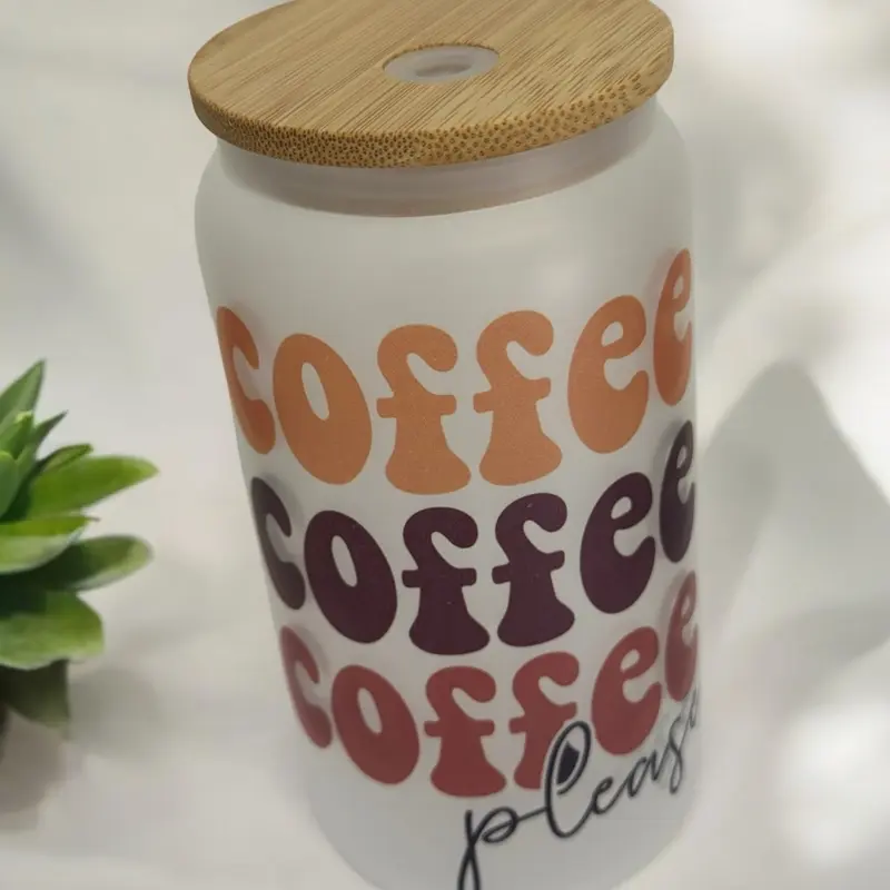 Coffee coffee coffee please design 16oz frosted glass can cup with bamboo lid and straw Drinkware glass Disposable Reusable 1