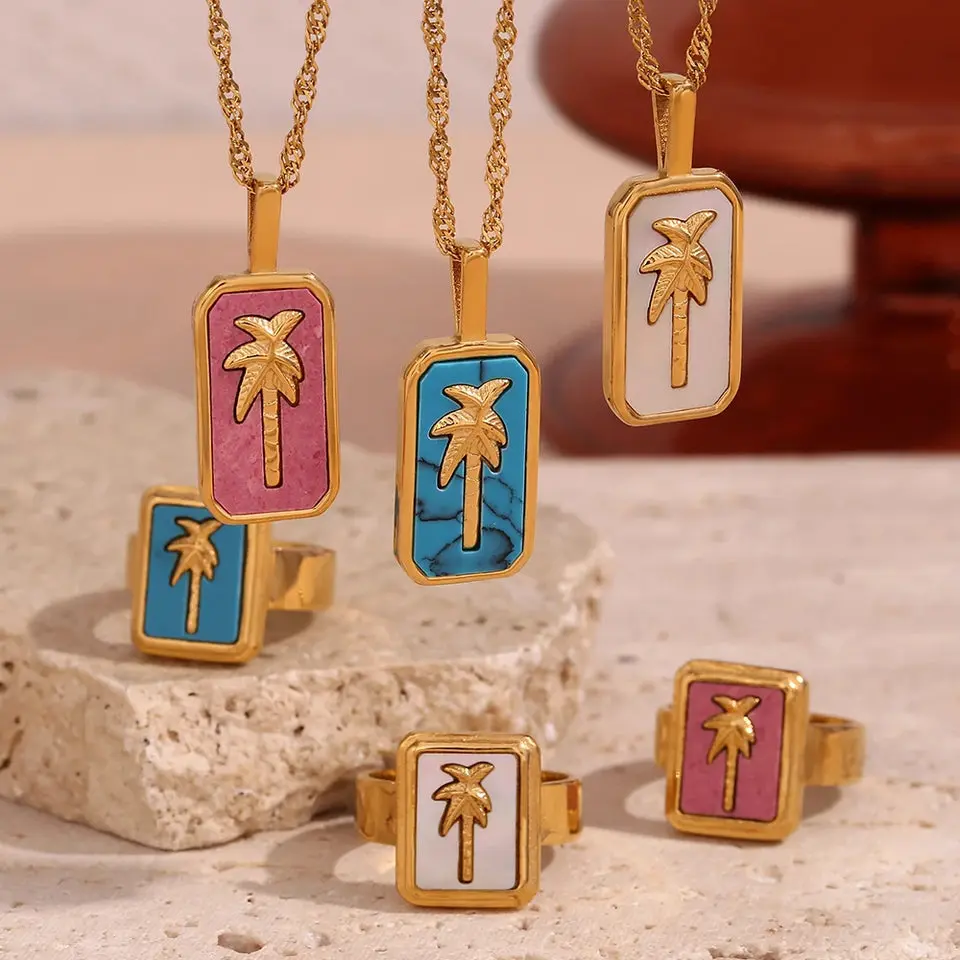 18K Gold Plated Palm Tree Pendant Necklaces and Rings