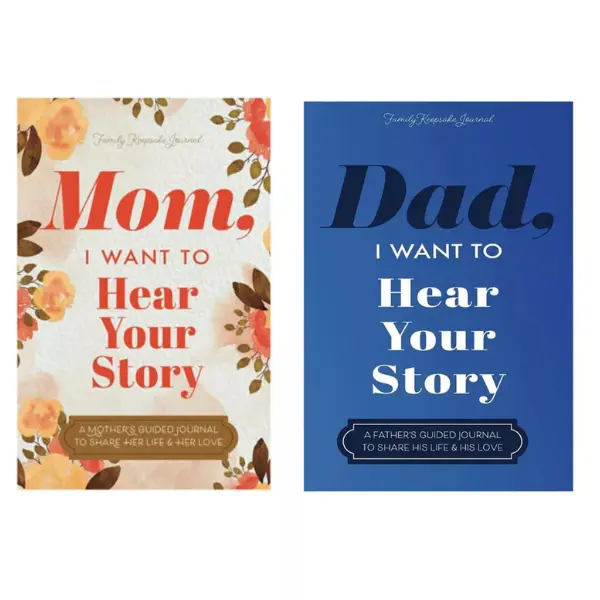 A heartfelt 2-book combo: *Dad, I Want to Hear Your Story* and *Mom, I Want to Hear Your Story* – perfect for preserving precious family memories