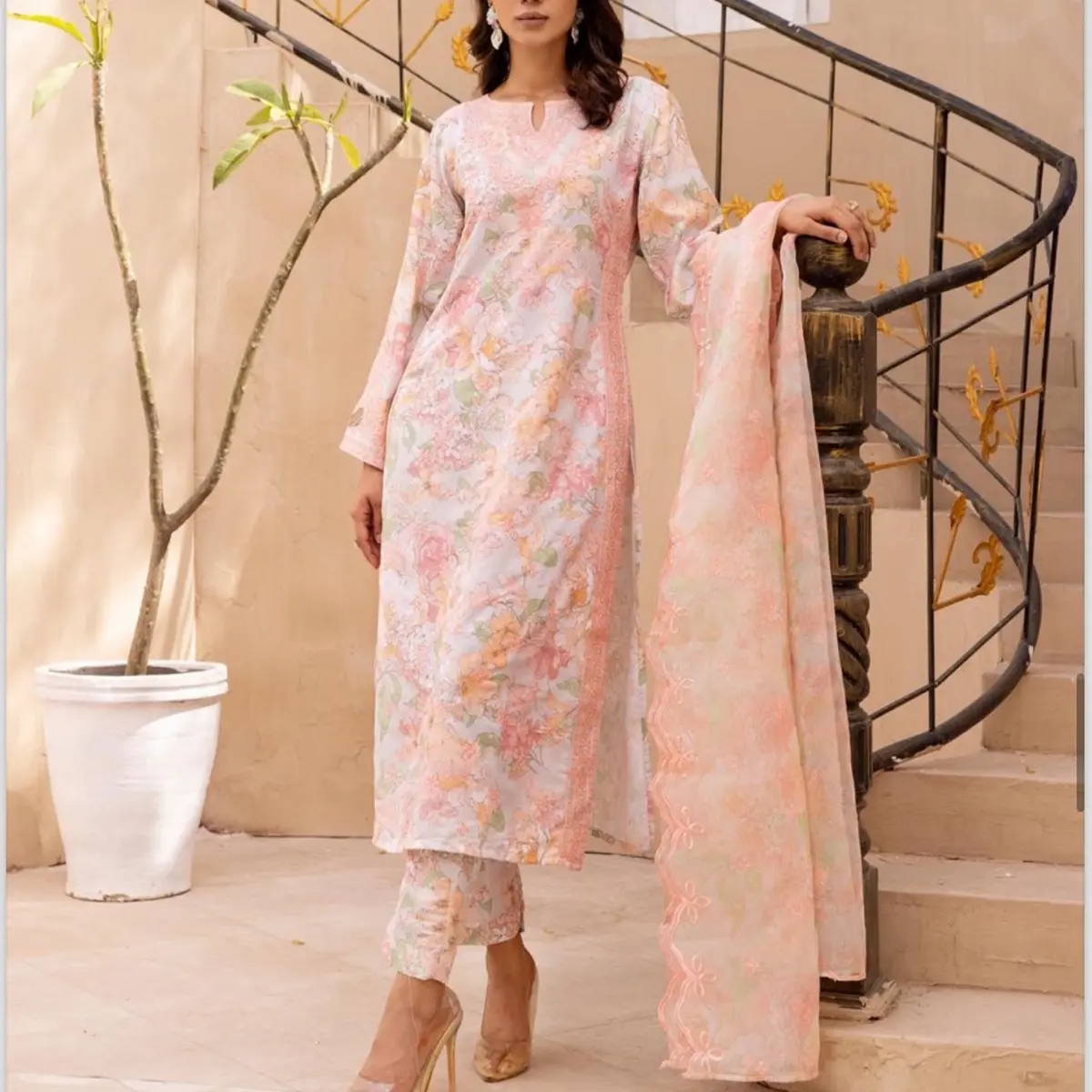 Ethnic inspired lawn print kari  peach