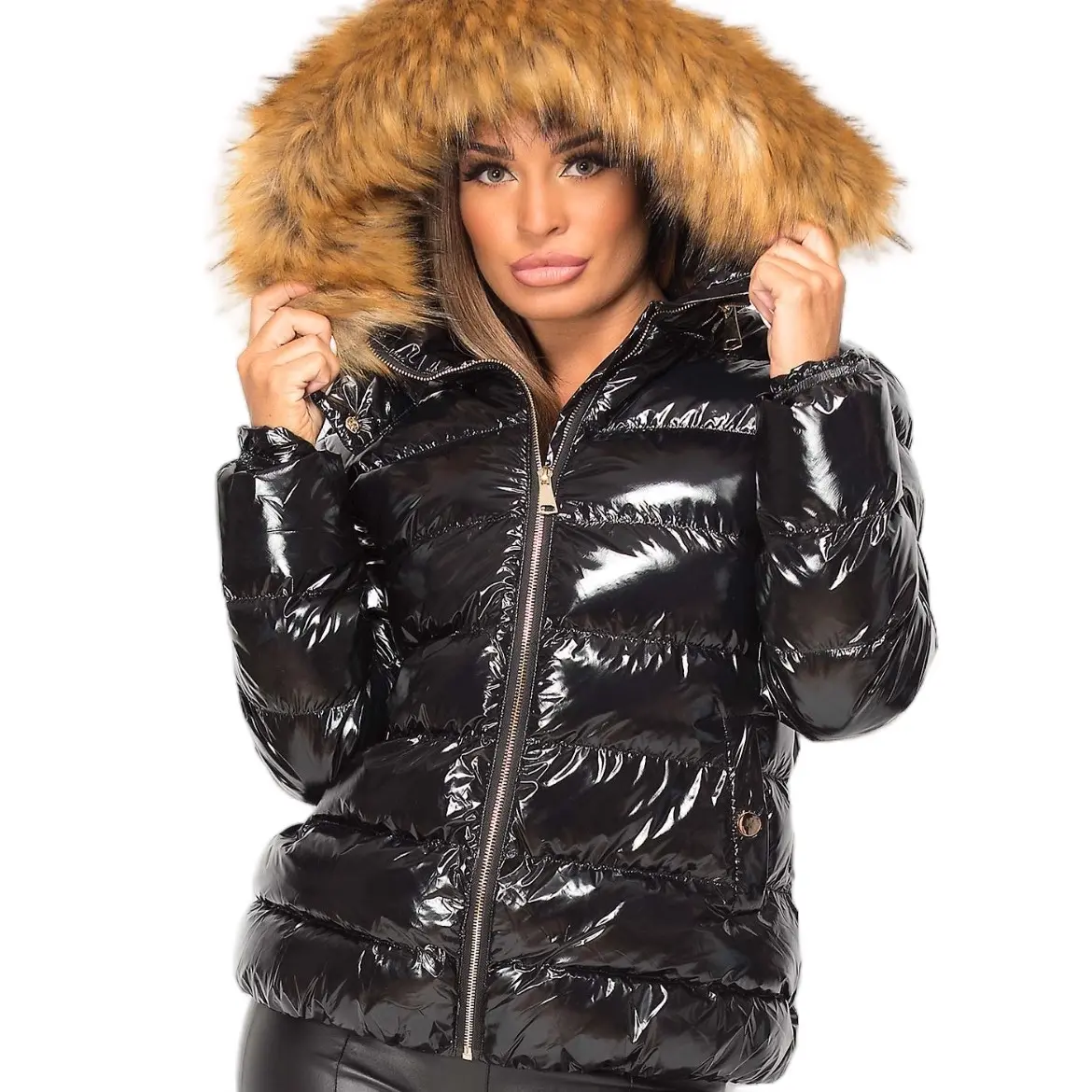 Women's Wet Look Puffer Hooded Black Jacket with Faux Fur - Sizes 8-12 - Womenswear, Tops Long Sleeve Comfort Coat