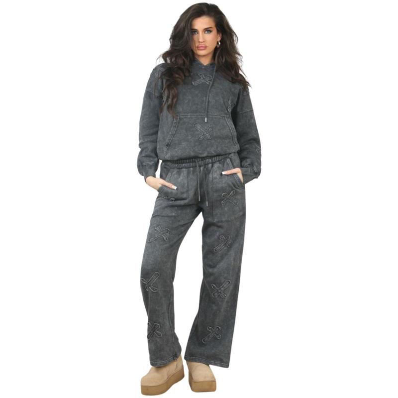 Womens Basic Cross Applique Tracksuit Oversized Drop Shoulder Hoodie Wide Leg Joggers 6