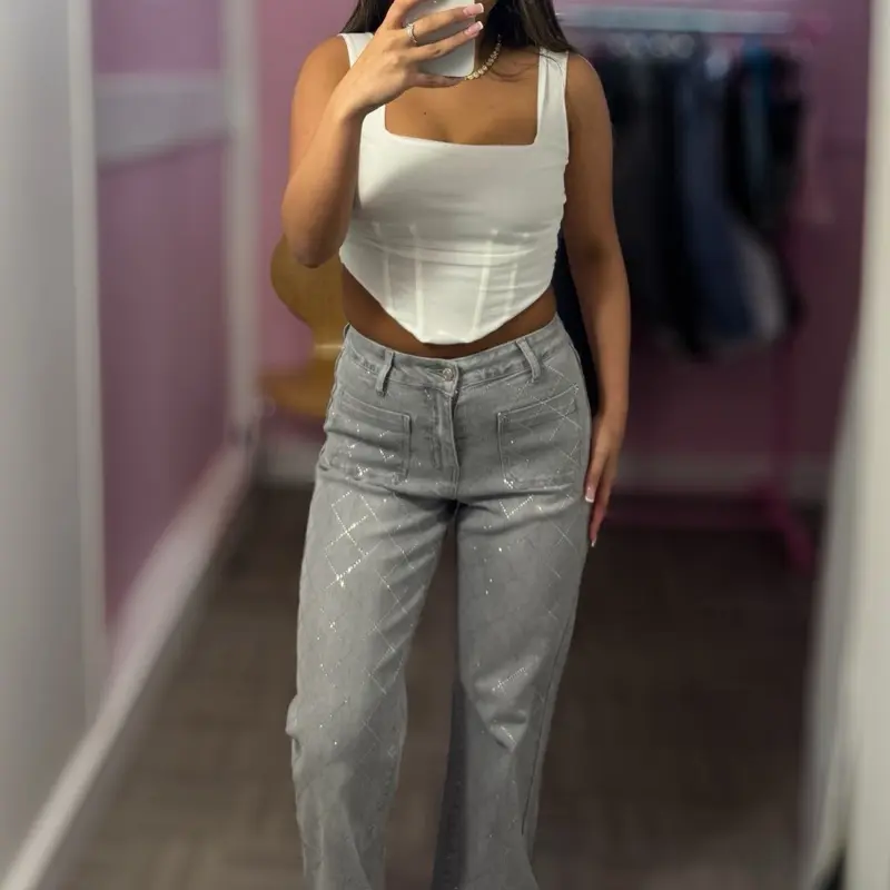 NADINE Front Pocket High Waisted Straight Leg Diamanté Jeans