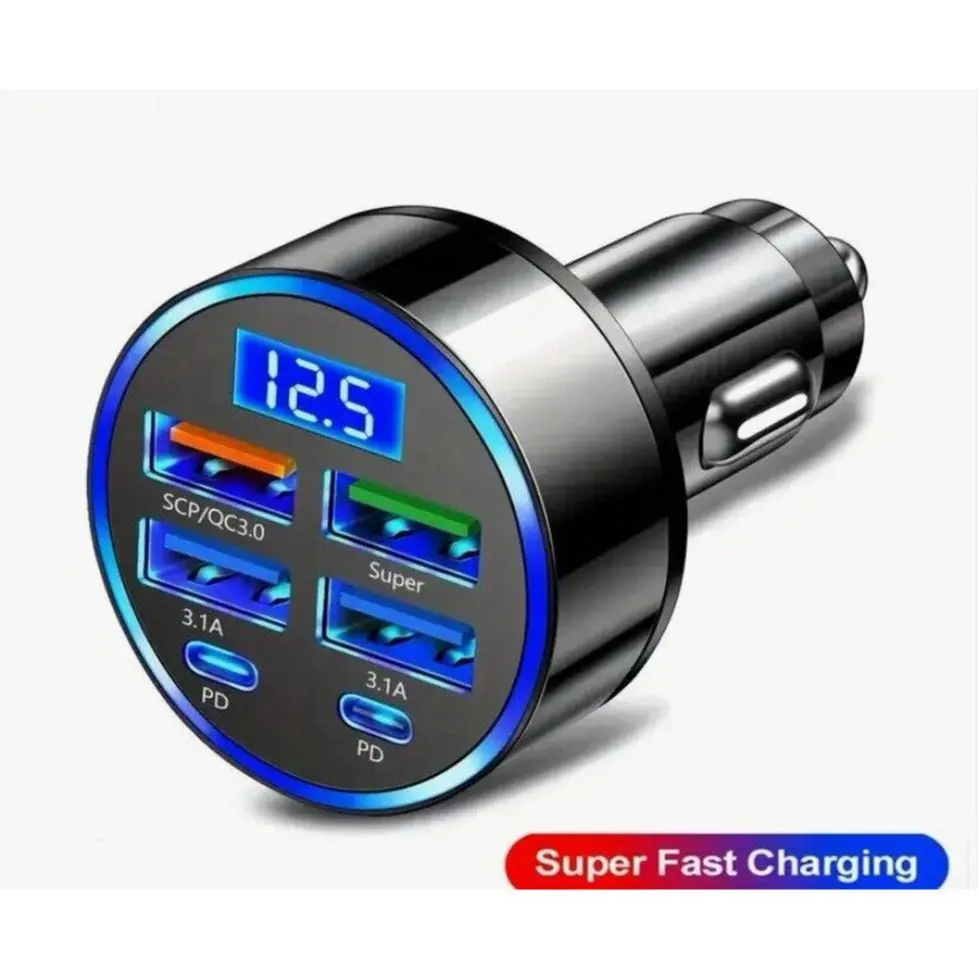FAST 6-In-1 Car Charger with Digital Display - 3.1A Multi-Function Charger- Universal Car Travel Adapter