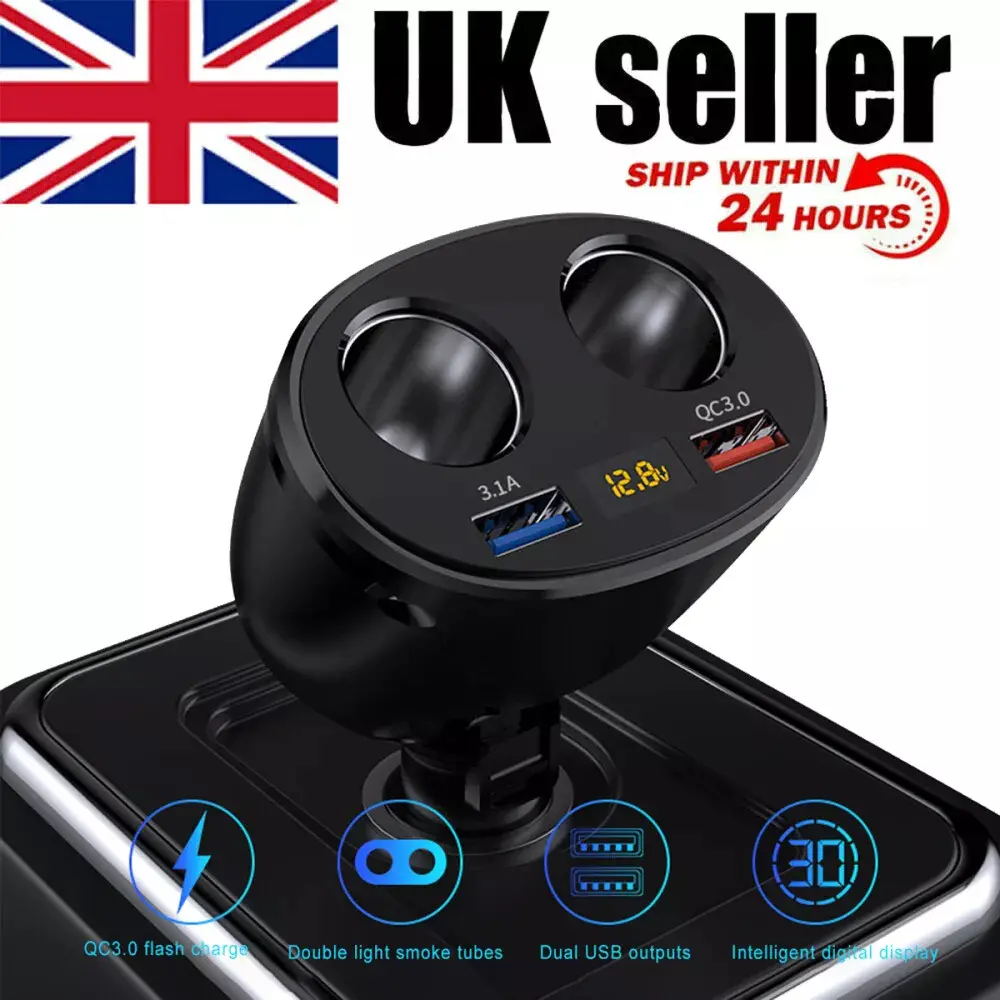 12V Car Charger Adapter Dual USB Fast Charging Intelligent Digital Display Double Plug 180° Rotation Charger Splitter