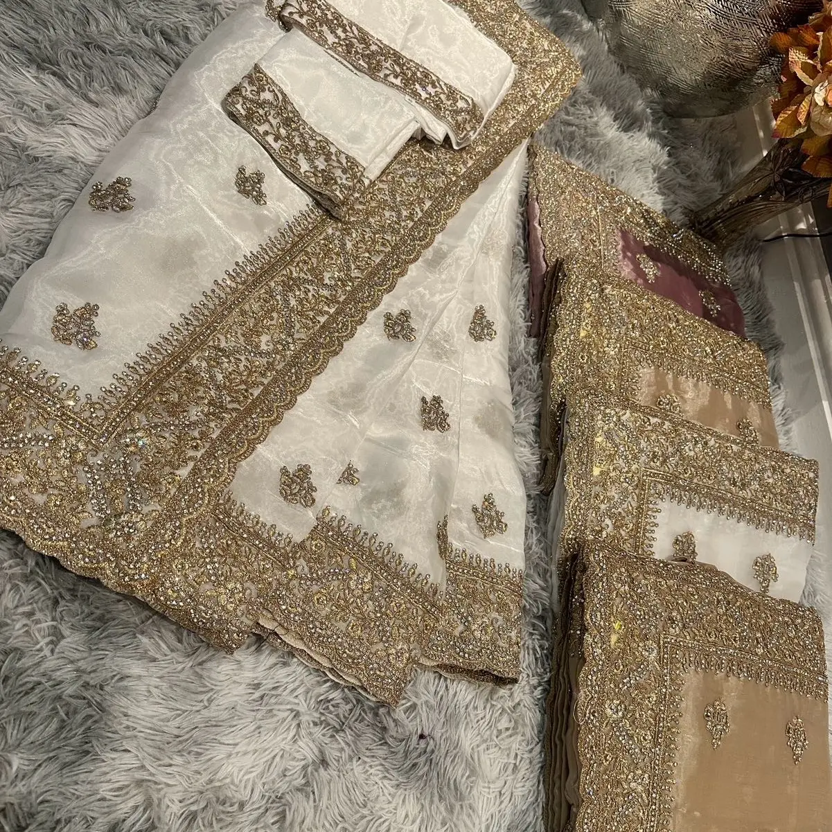 Antique Stone Work Saree with Ready Made Blouse for Women - Traditional Clothing