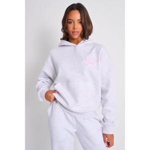 Kaiia Bow Embroidered Oversized Hoodie Light Grey Marl & Baby Pink
