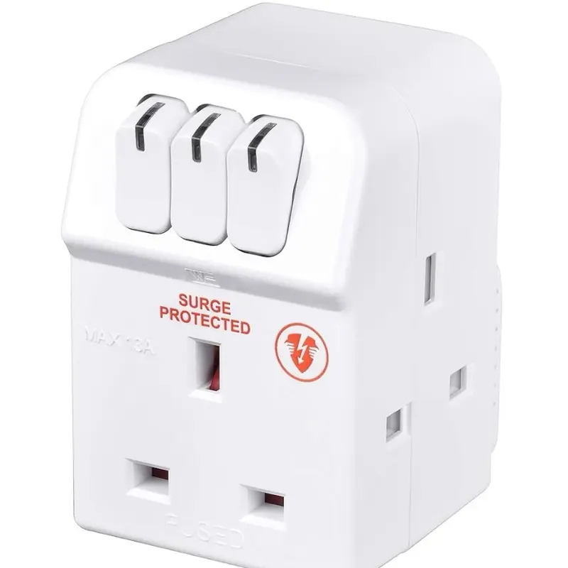 Three Socket Surge Compact Adaptor Extension Lead, 2 Metre, White 3