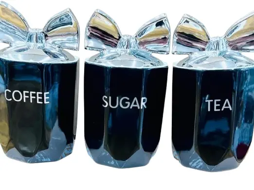 Set Of 3 Jars Silver Bow Lid Kitchen Canister Jar For Tea Coffee Sugar Storage Pots Marble Effect Home Decor Dining Table Black