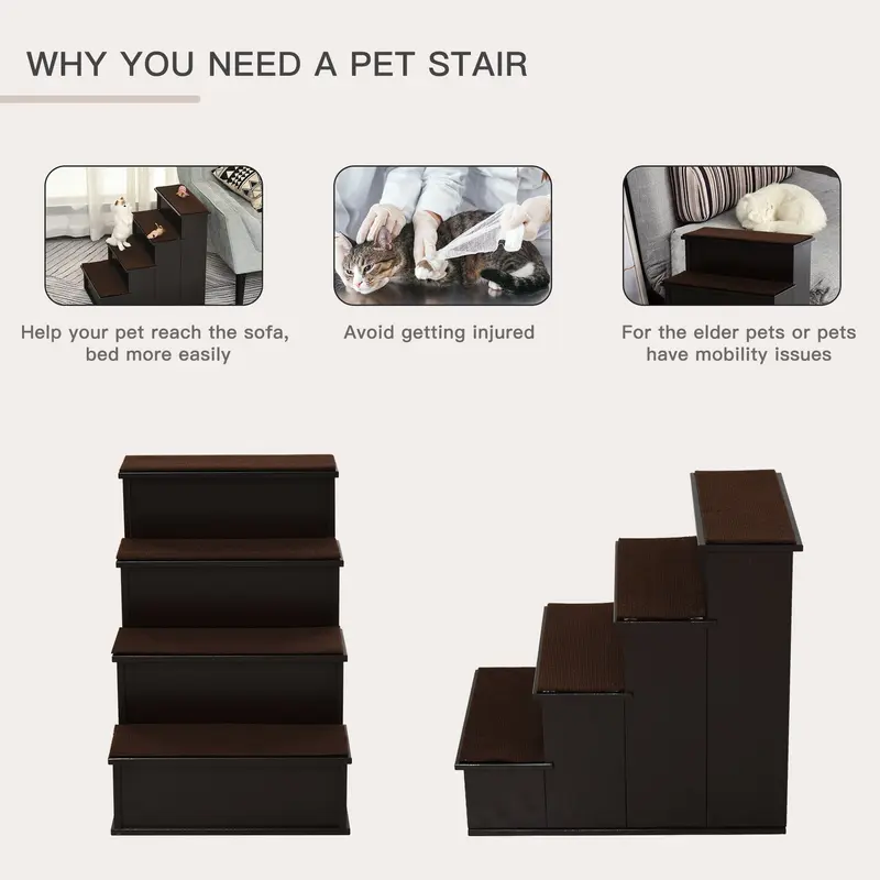 PawHut 4 Step Cushioned Pet Stairs Ramp Steps for Dogs, Cat Ladder for Bed Couch with Non-Slip Carpet, 40 x 59 x 54.2 cm, Dark Coffee 4