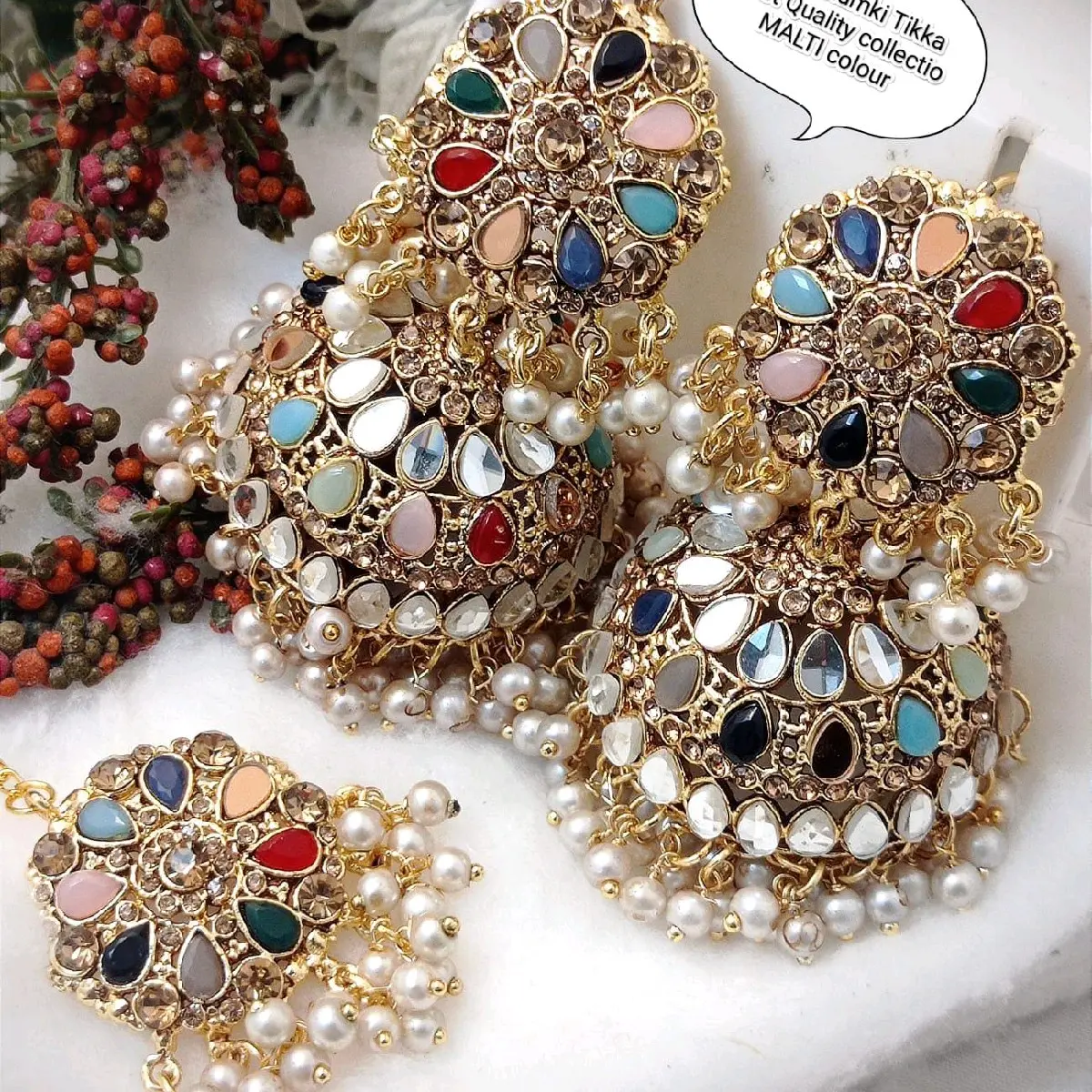 Pakistani Gold Plated Very Elegant Jhumka Earrings with tika....