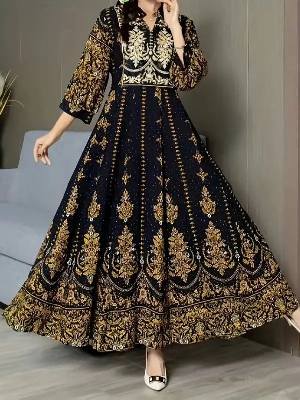 ONE SIZE 3/4 Sleeve Maxi Dress - Elegant Floral V-Neck, Flowy Swing Design - Perfect for Spring Vacations & Summer, Women's Fashion, Pakistani dress, Indian dress, Bangladesh dress, Afghanistan dress, Asian dress, Middle East Dress, Party dress, gift 1