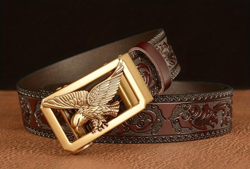 Product Introduction of 1PC Carved Cowhide Men's Autobuckle Belt, Vintage Style, Suitable for Casual & Business Wear, Great Gift for Husband and Father 3