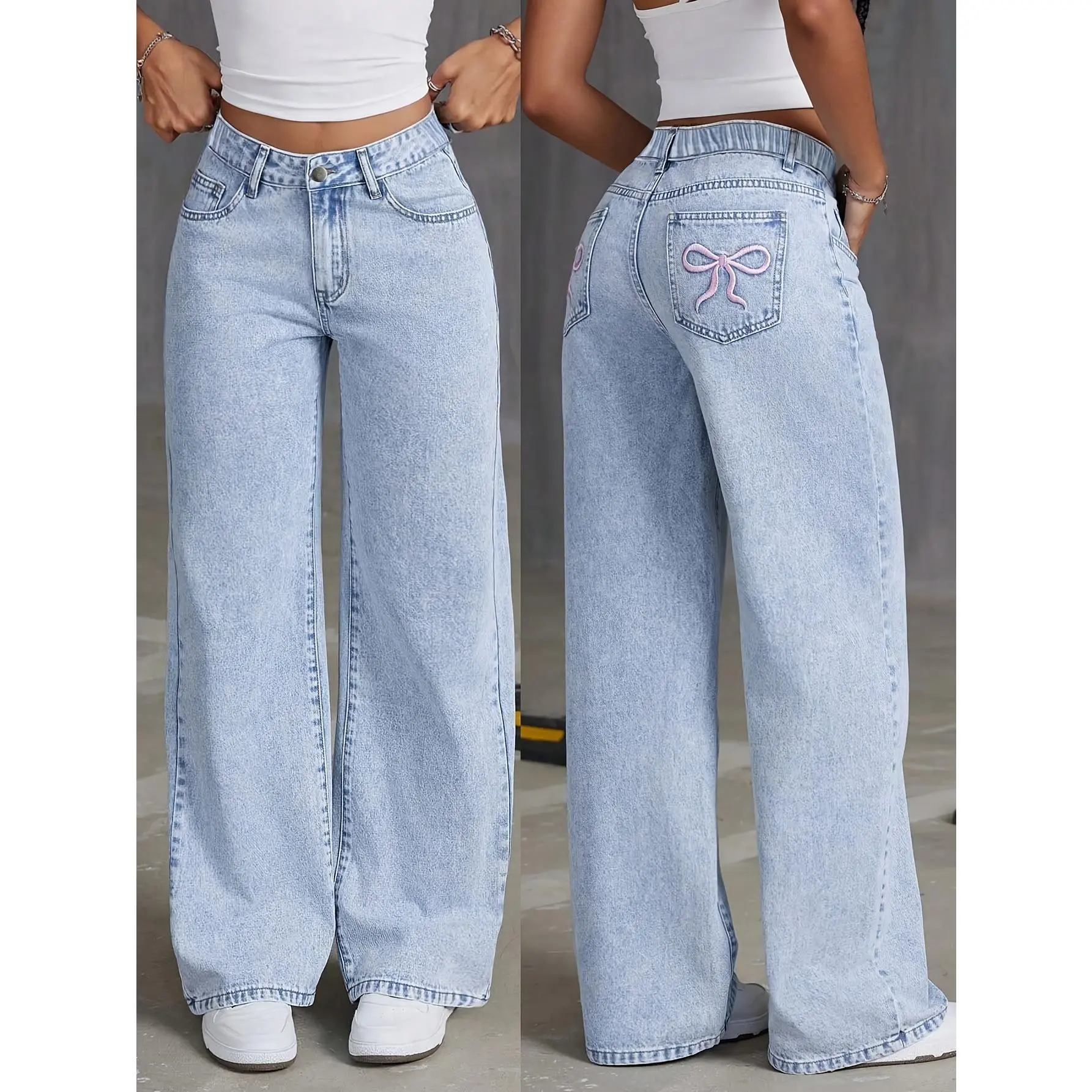 Trendy Embroidered Back Pocket Wide-Leg Jeans with an Elastic Waistband for Teenage Girls.