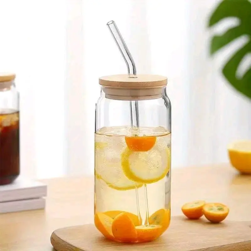 Glass Cup with Bamboo Lid, glass Straw and straw cleaning brush Set - 550ml Capacity - Beverage, Drink Drinkware Reusable glass tumblers cute mugs uk coffee milk Bottles