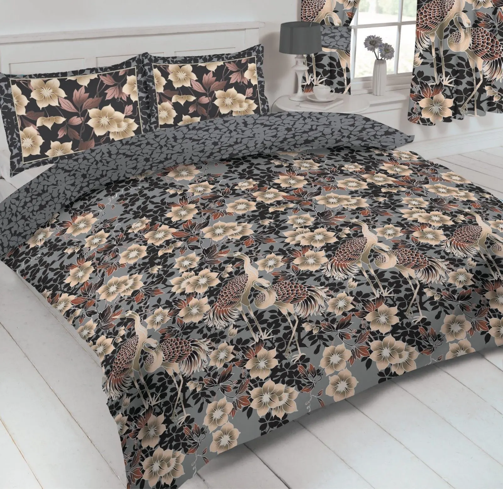 GREY BEIGE HERON BIRDS FLORAL DUVET SET CHOICE OF DOUBLE, KING OR SUPERKING SIZE