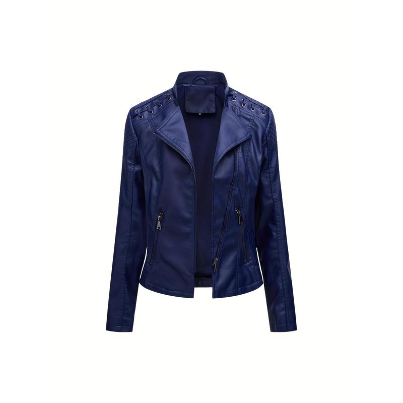 Faux Leather Zip-up Biker Jacket, Casual Long Sleeve Lace Up Lapel Jacket For Spring & Fall, Women's Clothing 1