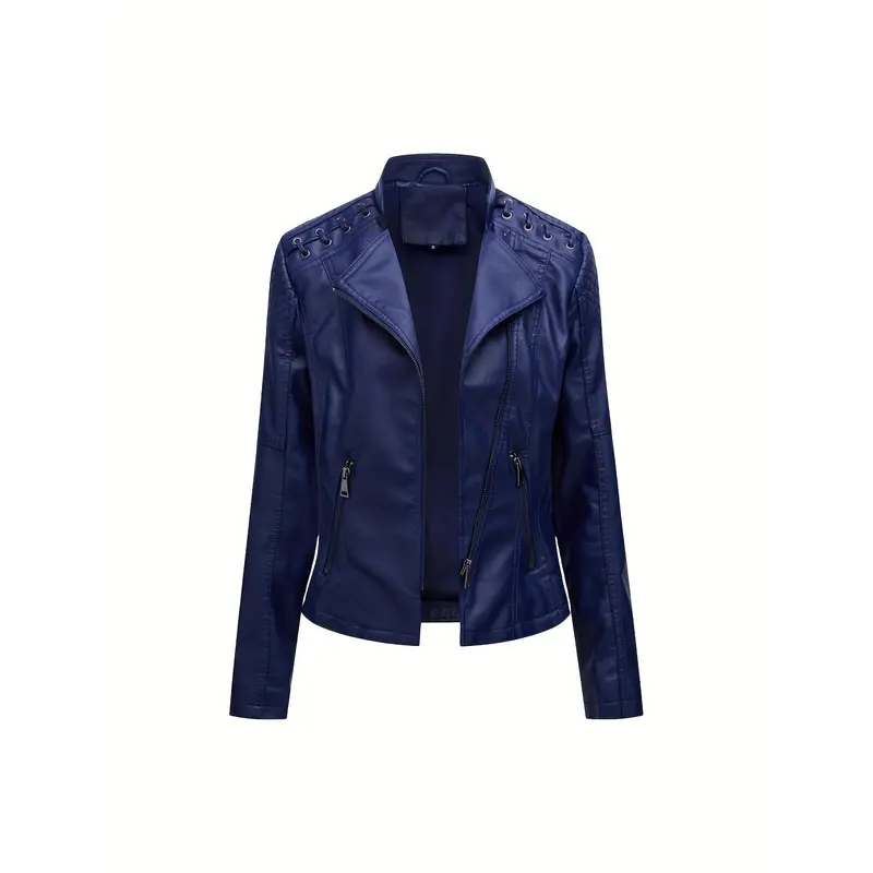 Faux Leather Zip-up Biker Jacket, Casual Long Sleeve Lace Up Lapel Jacket For Spring & Fall, Women's Clothing 1