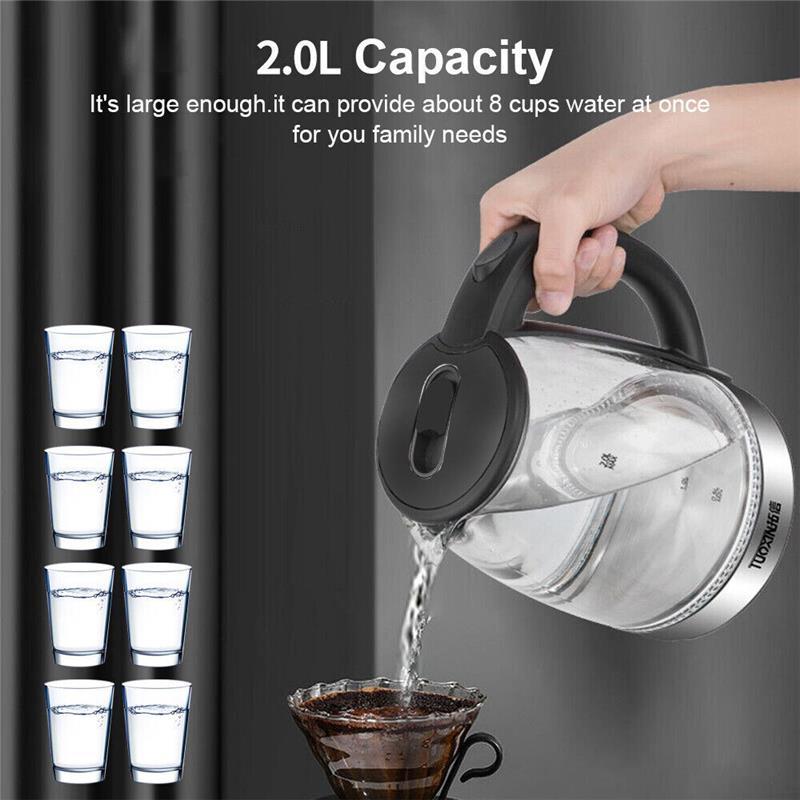 Electric Kettle 2L Fast Boil Quiet Glass Kettle 360 Blue LED Boil-Dry Protection 2