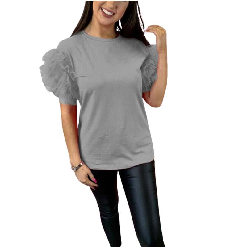 Womens Ladies Tulle Scoop Neck Frill Mesh Puff Short Sleeve Party Tee TShirt Top 8