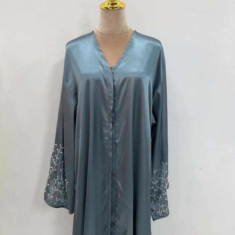 Product Introduction of HS1024 1pcs Satin Cardigan Handmade Beaded Dress Abaya 20