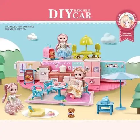 Dollhouse Dream House for Girls, Portable Caravan Motorhome Bus Toy Dollhouse with Doll and Furniture, Playhouse Playroom Dolls Toy for Children from 3 Years, Random Clothing 8