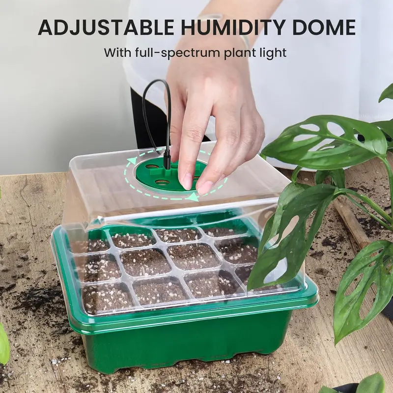 Seed Trays with Grow Light, 5 Pack Seed Trays with Lids, Propagators for Plants with Adjustable Lids and Clear Cell Tray, Propagator with 8 Full Spectrum Led Lamp Beads, For Indoor Plants, Green 4